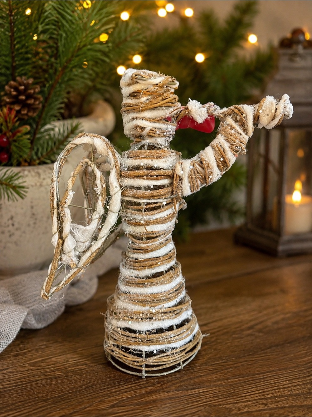 Vintage 1990s Rattan Style Angel Christmas Figurine White Gold Glitter Decor